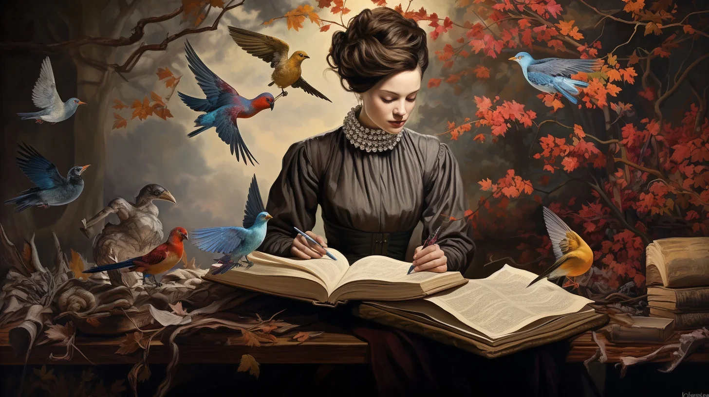 Une jeune fille assise devant un bureau bien rangé, concentrée sur un livre ouvert devant elle.