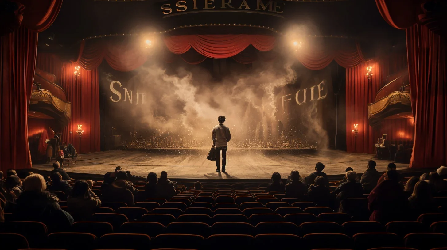 Sur une scène de théâtre éclairée, un groupe d'acteurs s'engage avec enthousiasme dans leur répétition.