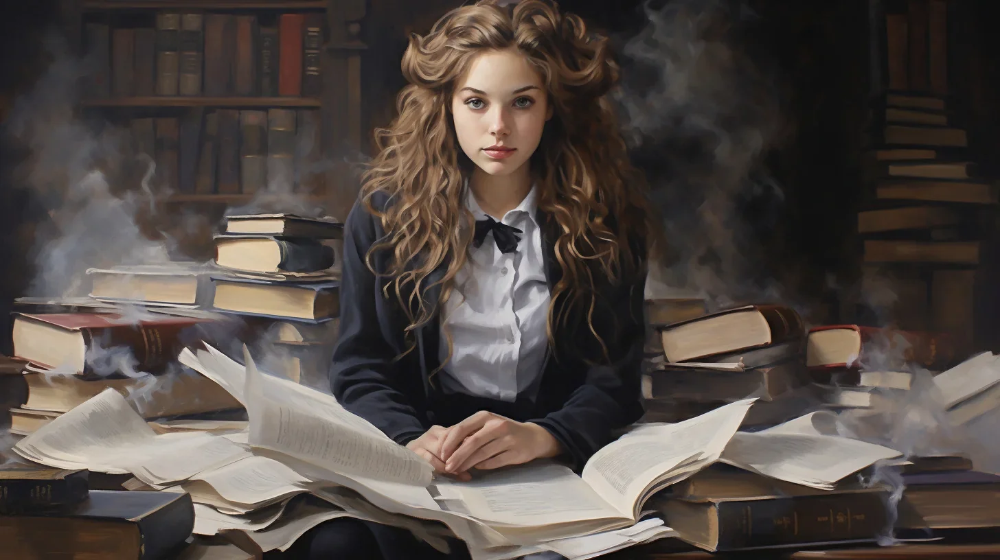 Une jeune fille est assise devant une table, enveloppée dans une aura de concentration. Devant elle se trouvent des feuilles dispe