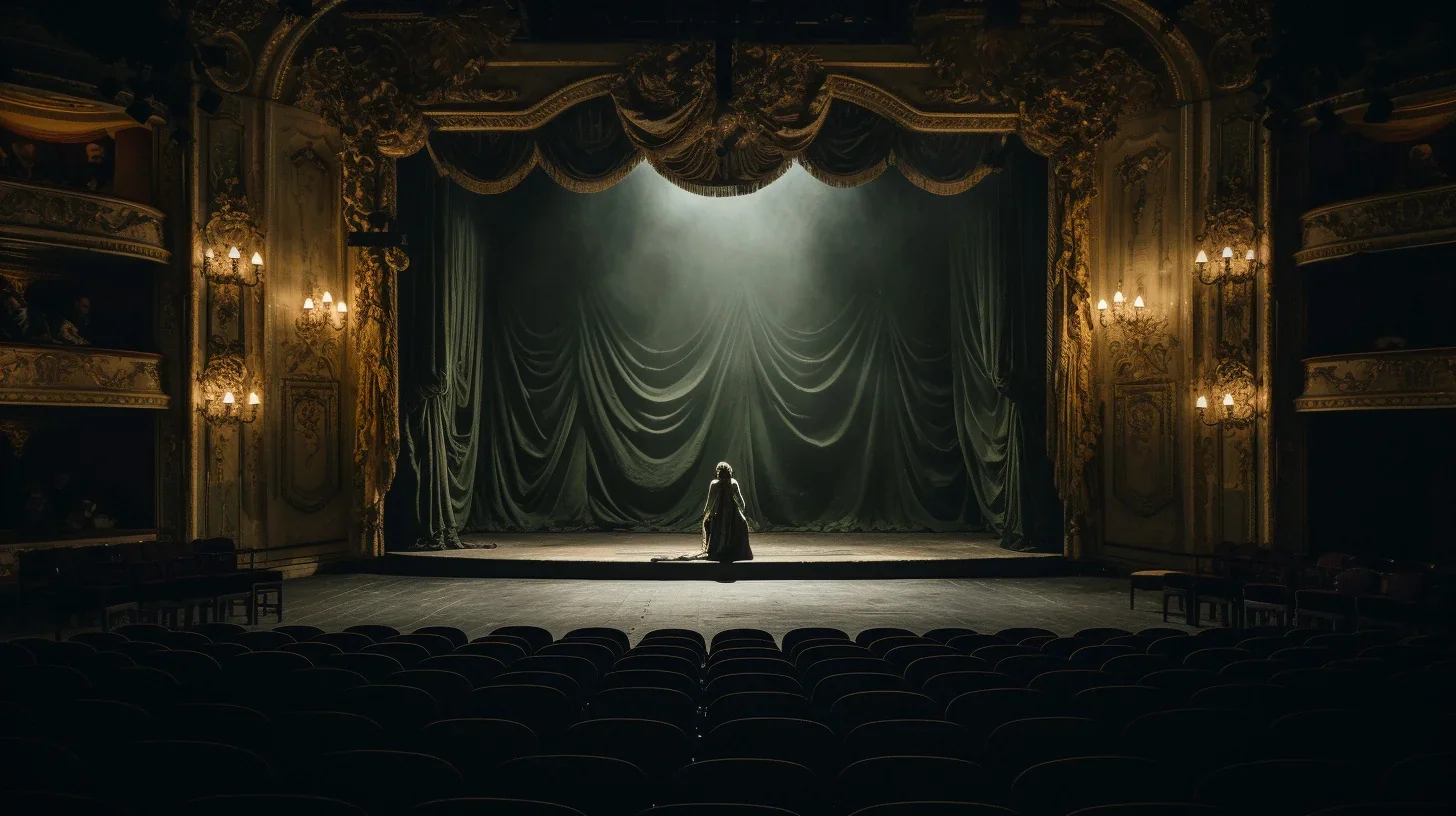 Un projecteur illumine une actrice seule sur scène, capturant un moment d'intense solitude.