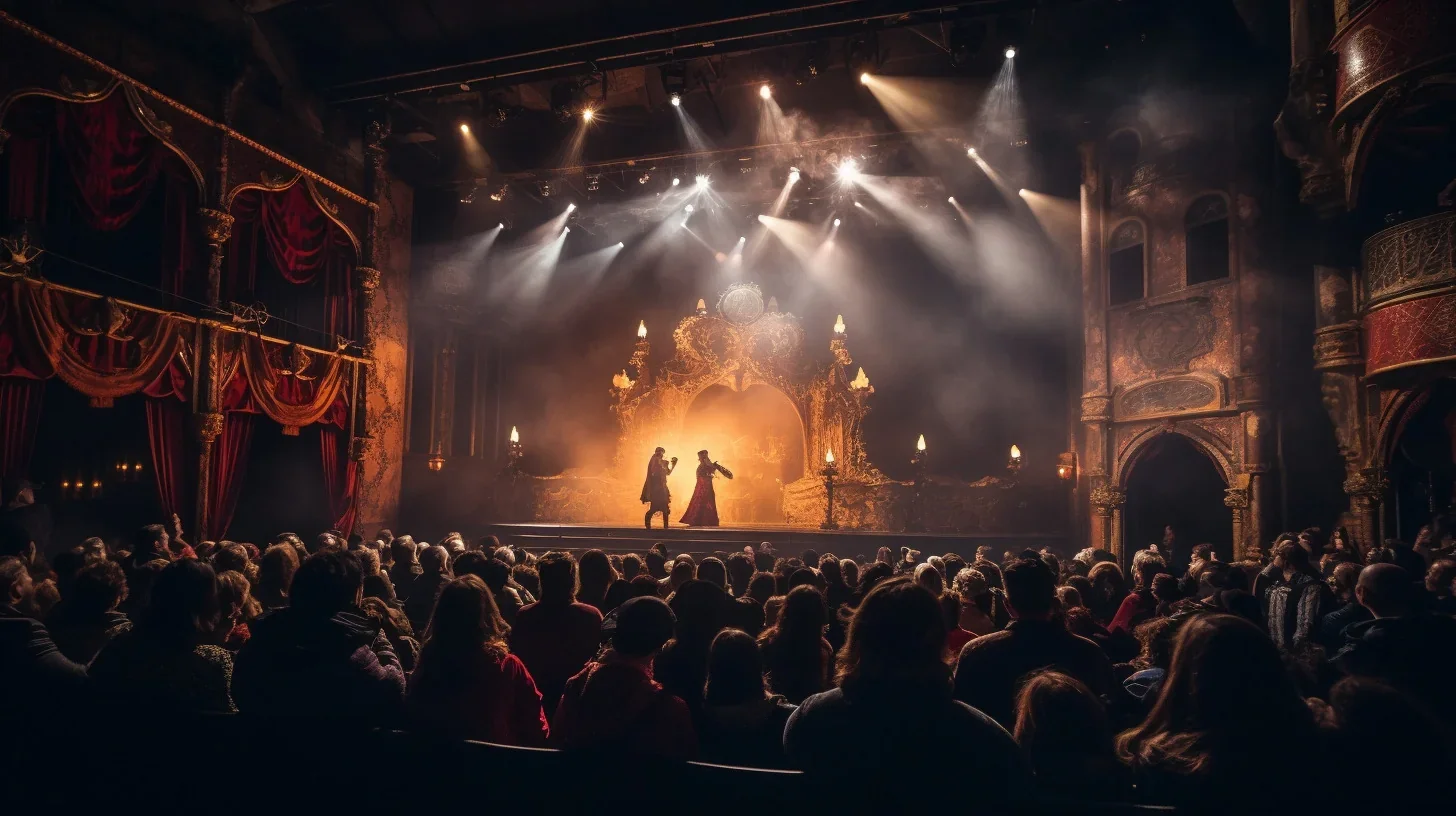 Cette photo saisit l'énergie électrisante d'une troupe d'acteurs délivrant une performance passionnée sur scène, captivant leur pu