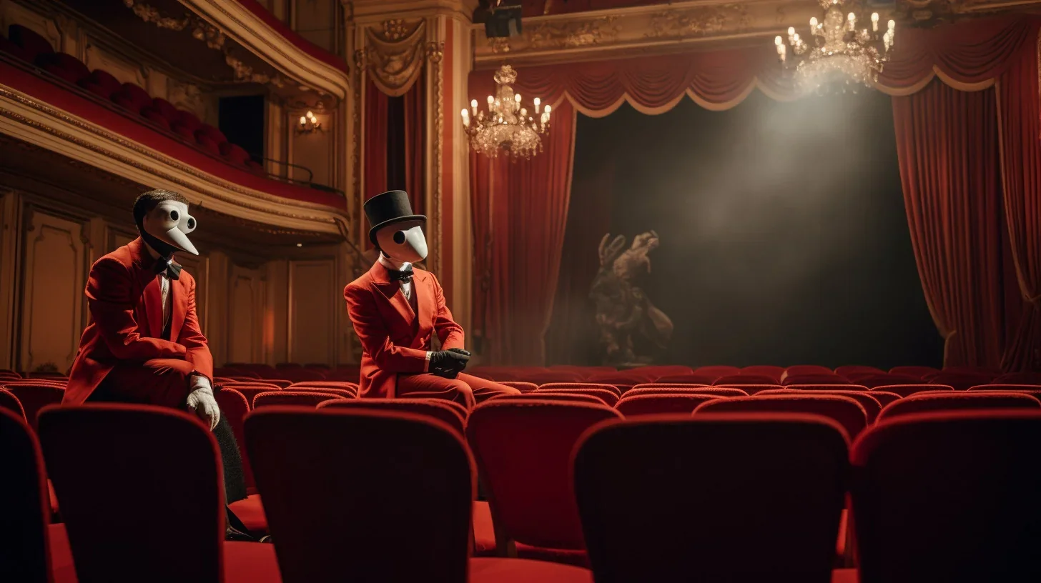 Cette image capture parfaitement une scène absurde du théâtre, où les personnages se retrouvent dans des situations inattendues et