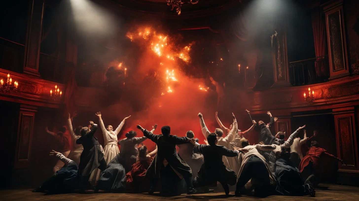 Une image vivante illustrant un ensemble d'artistes engagés dans un exercice de groupe intense, évoluant ensemble sur une scène lu