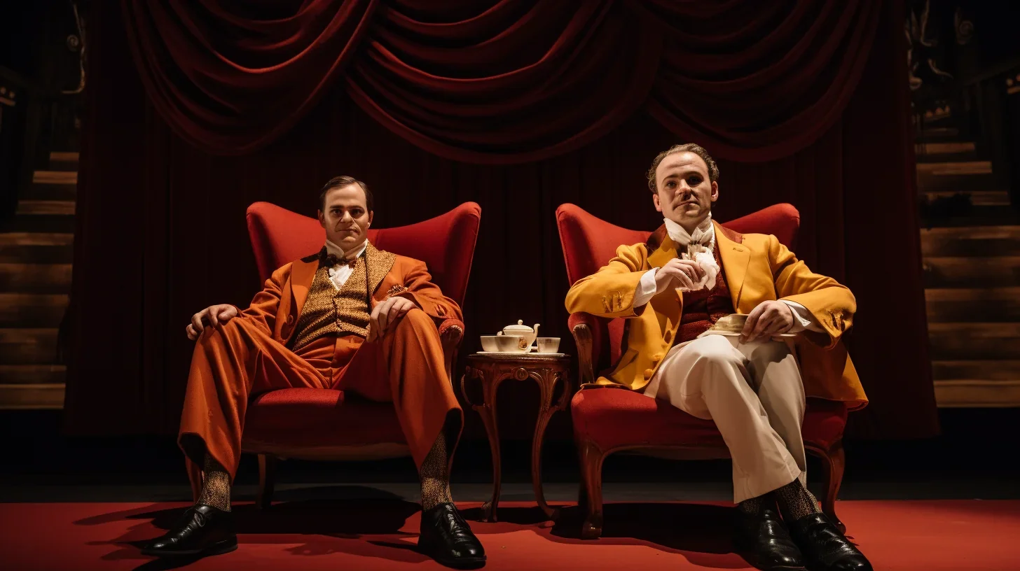 Cette image intime capture deux comédiens, assis confortablement dans des fauteuils, absorbés dans leurs pensées. Leur concentrati