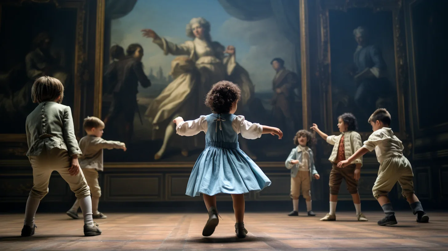 Un groupe d'enfants dynamiques se livrant à une séance d'apprentissage théâtrale, l'excitation et l'engagement se lisant clairemen