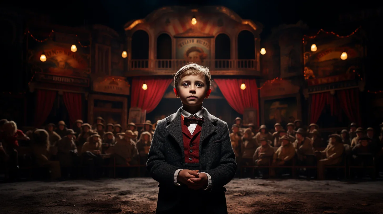 Un élève, éclairé par les lumières scintillantes de la scène, démontre son talent et sa passion, incarnant un rôle avec audace et