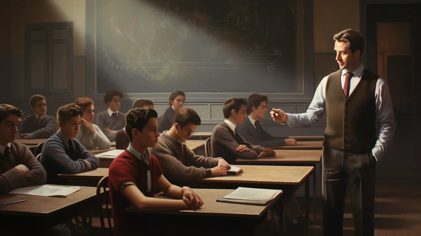 Un enseignant devant une salle de classe attentive, captivant ses élèves avec son discours passionné, illustrant la beauté du théâ