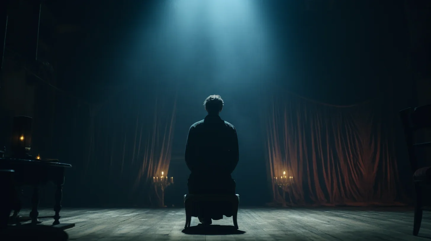 Un homme, sous un éclairage faible et dramatique, se tient seul sur scène. Son visage, grimaçant d'émotion, est tourné vers le pub