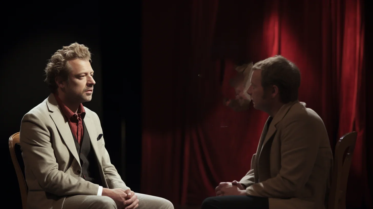 Deux comédiens, confortablement installés dans des fauteuils profonds, engagent une conversation intense hors scène. L'homme, vêtu