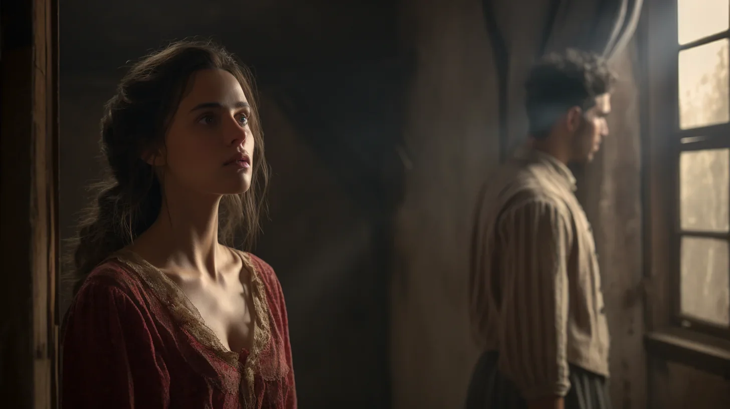 Une comédienne en robe de soirée, tournée vers le public, exprime une émotion poignante, captant l'attention de tous. À l'arrière-