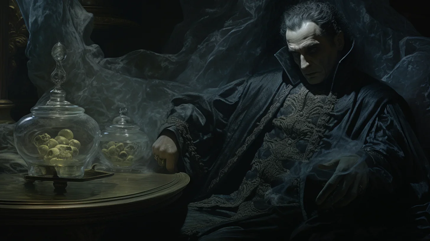 Hamlet, vêtu d'une robe médiévale et d'une couronne en or, est assis sur un trône imposant. Son regard lointain et pensif et sa po