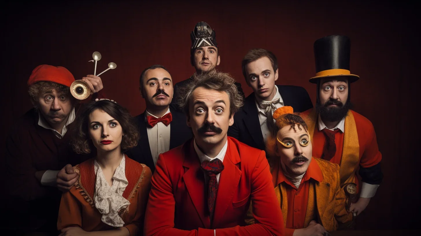 Cette photo capture un groupe d'acteurs de comédie, tous affichant des expressions exagérément comiques. Avec leurs costumes flamb