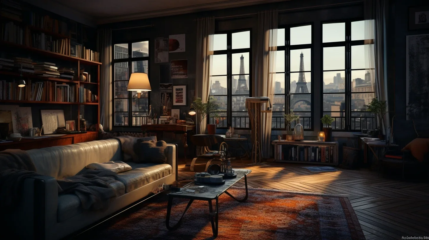 Cette image donne vie à l'espace intime de Philippe, le protagoniste de "Les Impro'steurs". On peut y voir le mélange éclectique d