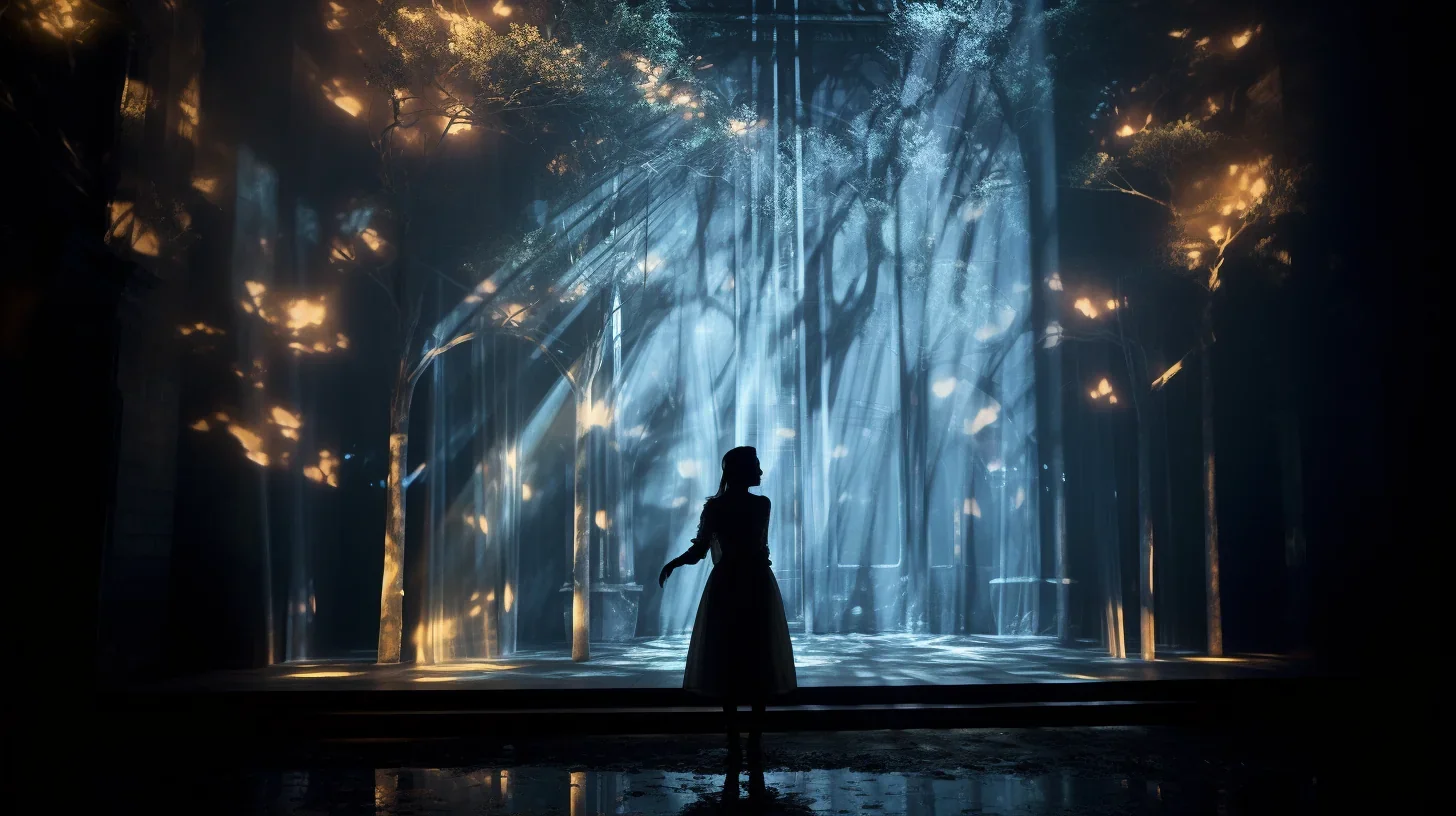 Cette image saisit l'instant où la protagoniste, vêtue d'une robe élégante, se trouve seule sur scène. Son regard intense et ses m