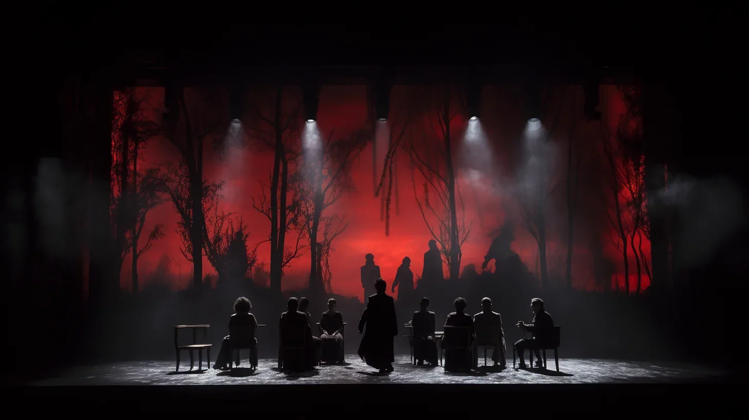 Cette image captivante capture l'instant où les acteurs prennent vie sous les projecteurs éblouissants. Les costumes resplendissen