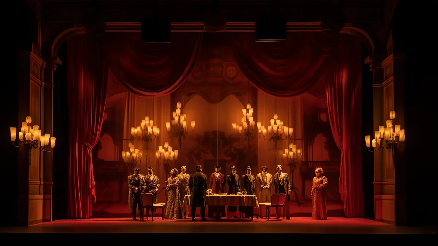 Cette image saisit l'essence même du spectacle classique, où les costumes somptueux, les poses gracieuses et les décors élaborés s