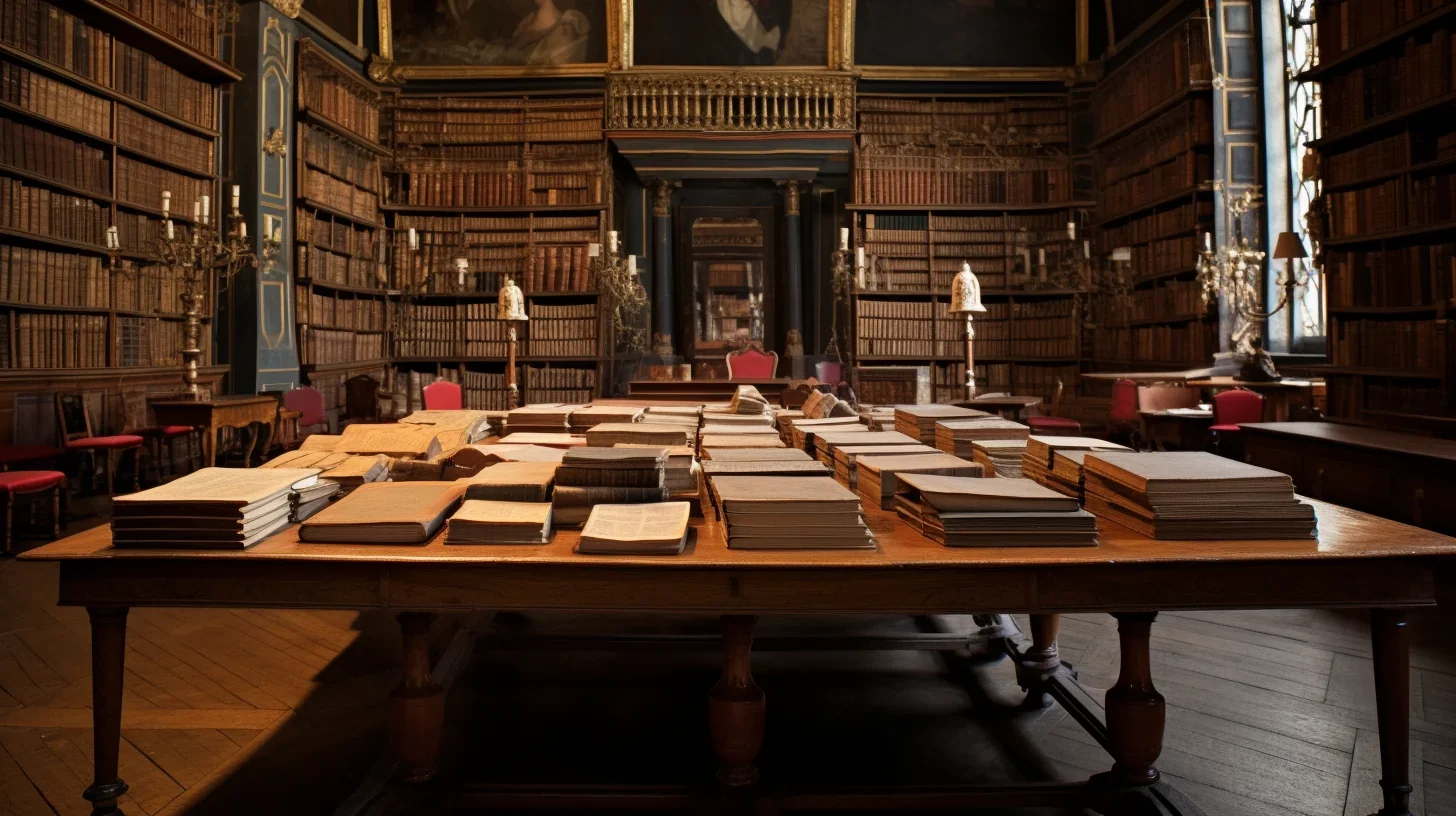 L'image capture un décor intrigant pour le spectacle, situé dans une petite faculté universitaire. Des étagères chargées de vieux