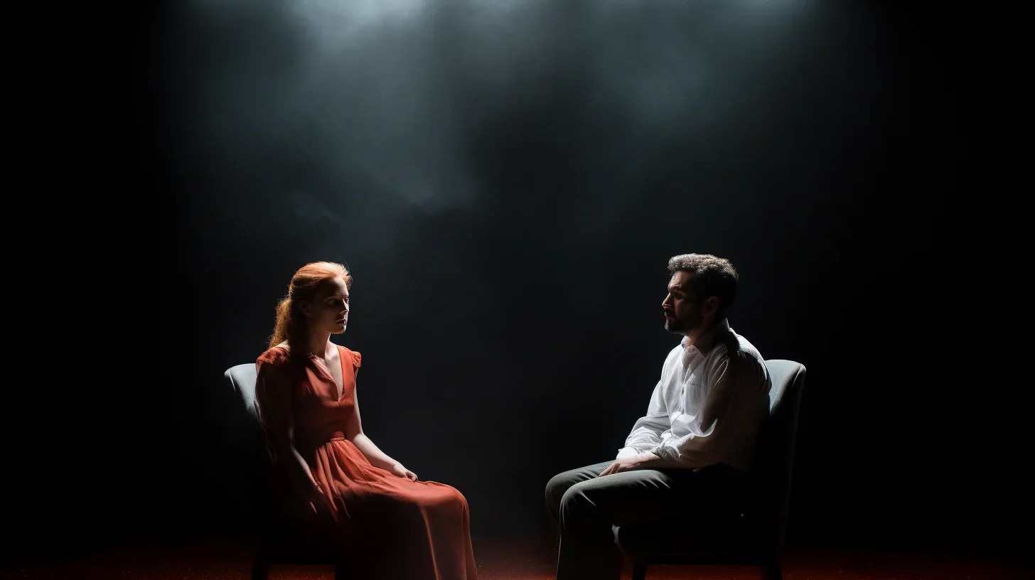 Dans cette scène capturée avec émotion, "elle" et "lui" prennent vie sur scène. Assis côte à côte, leurs regards complices et leur