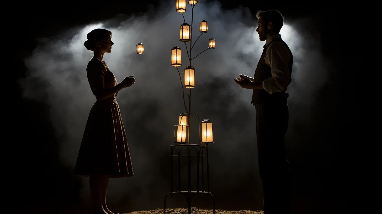 Cette photographie saisit un moment de tension théâtrale palpable lors d'une scène clé. Les visages des acteurs reflètent un évent