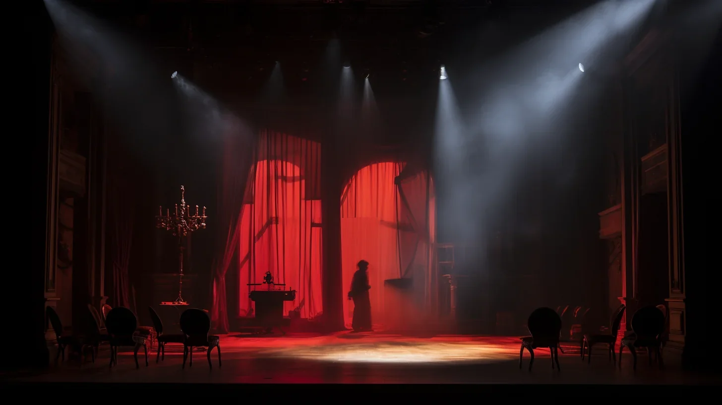 Cette photo capture l'instant vibrant d'une scène théâtrale intense, magnifiée par un décor rouge flamboyant. Les lumières se fond