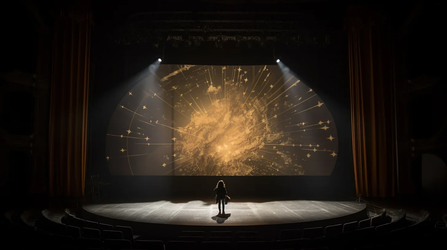 Dans cette photographie émouvante, un artiste se tient seul au centre d'une vaste scène éclairée. Les projecteurs créent un halo l