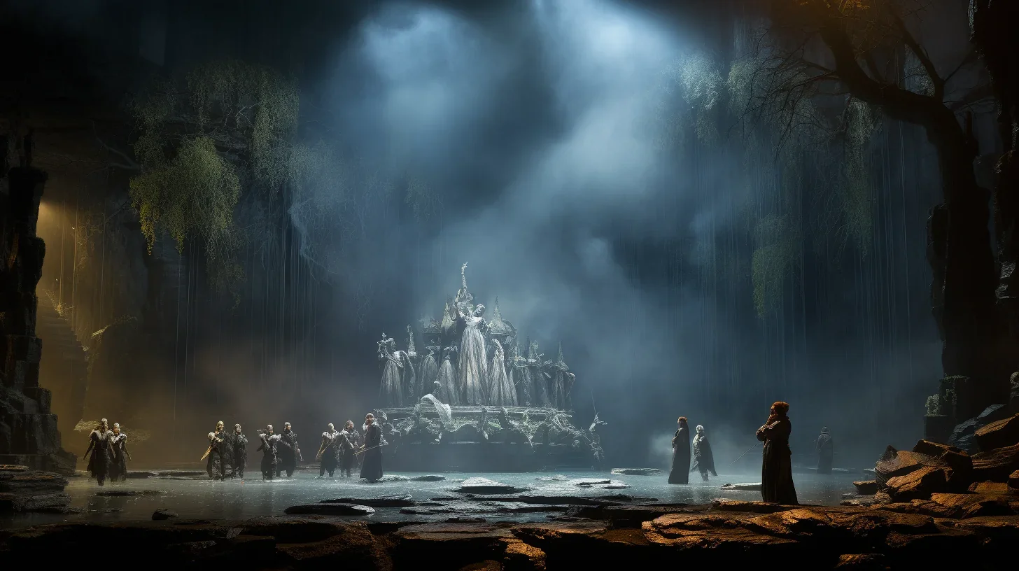 Au cœur d'une grandiose représentation de l'opéra "Das Rheingold", la scène s'ouvre sur un spectacle éblouissant. Les Rhinmaidens,
