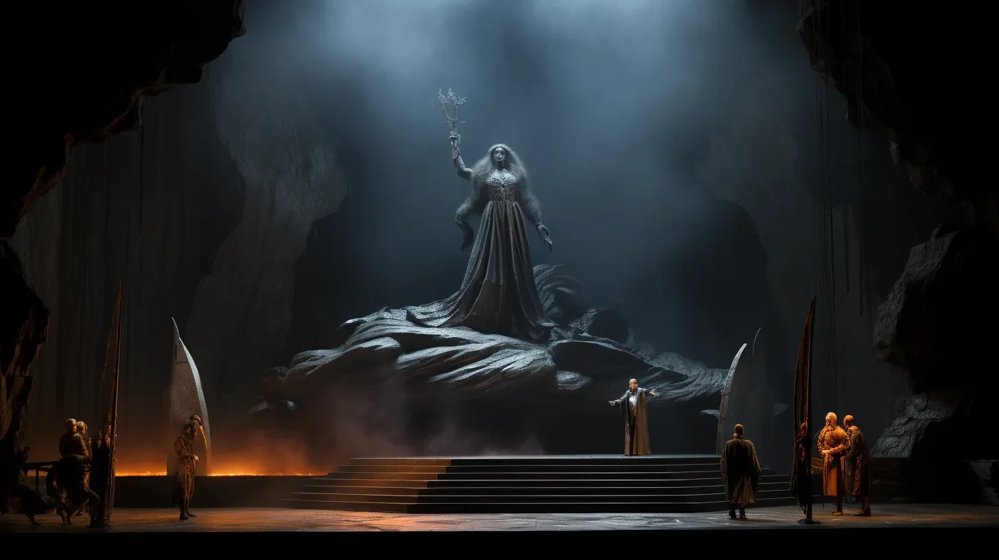 Dans cette esquisse époustouflante, les décors de "Das Rheingold" prennent vie avec une magnificence saisissante. Les Royaumes Cél