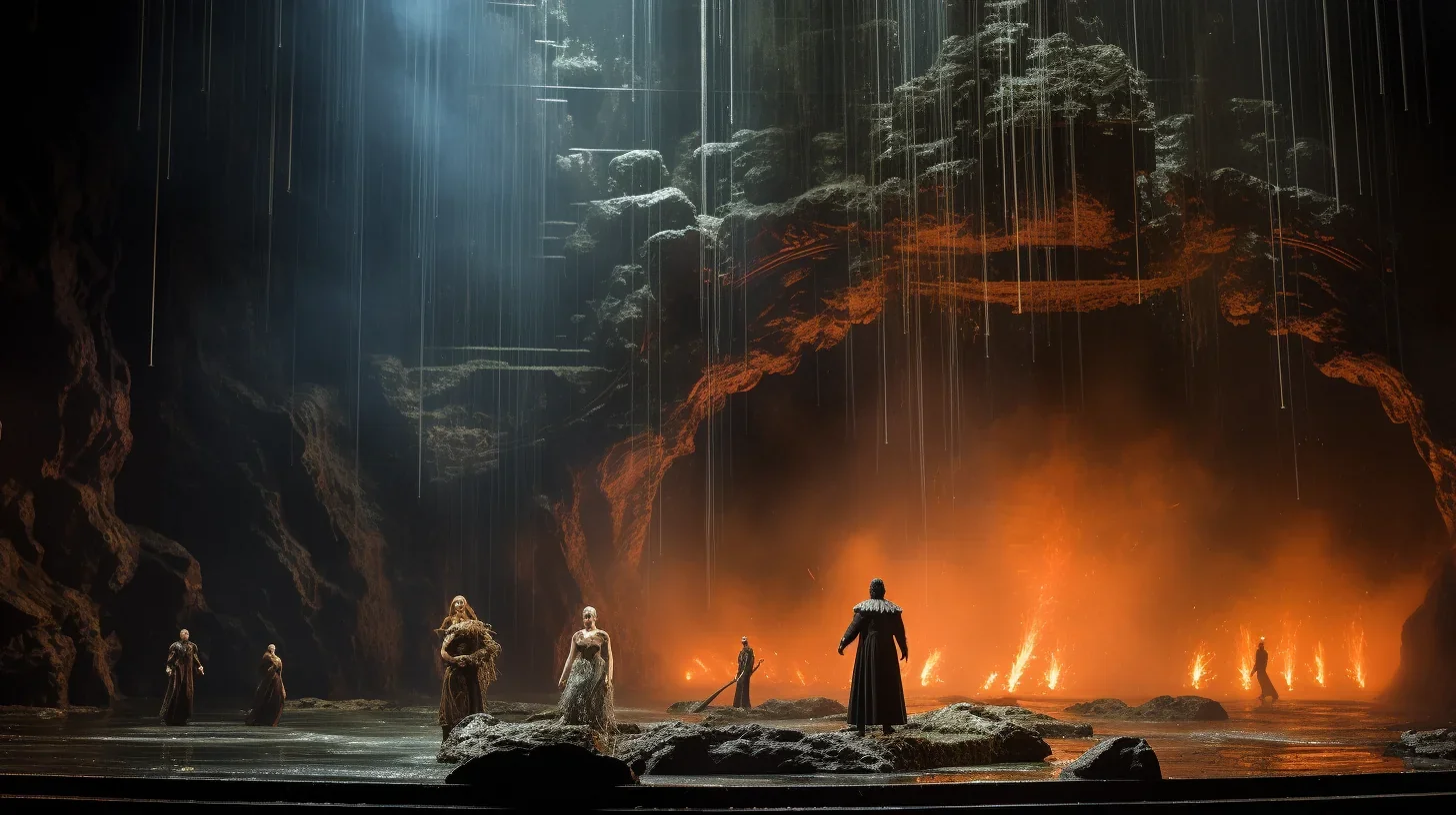 Cette image capturée lors d'une répétition de "Das Rheingold" nous transporte au cœur d'une scène incandescente. Les feux sur scèn