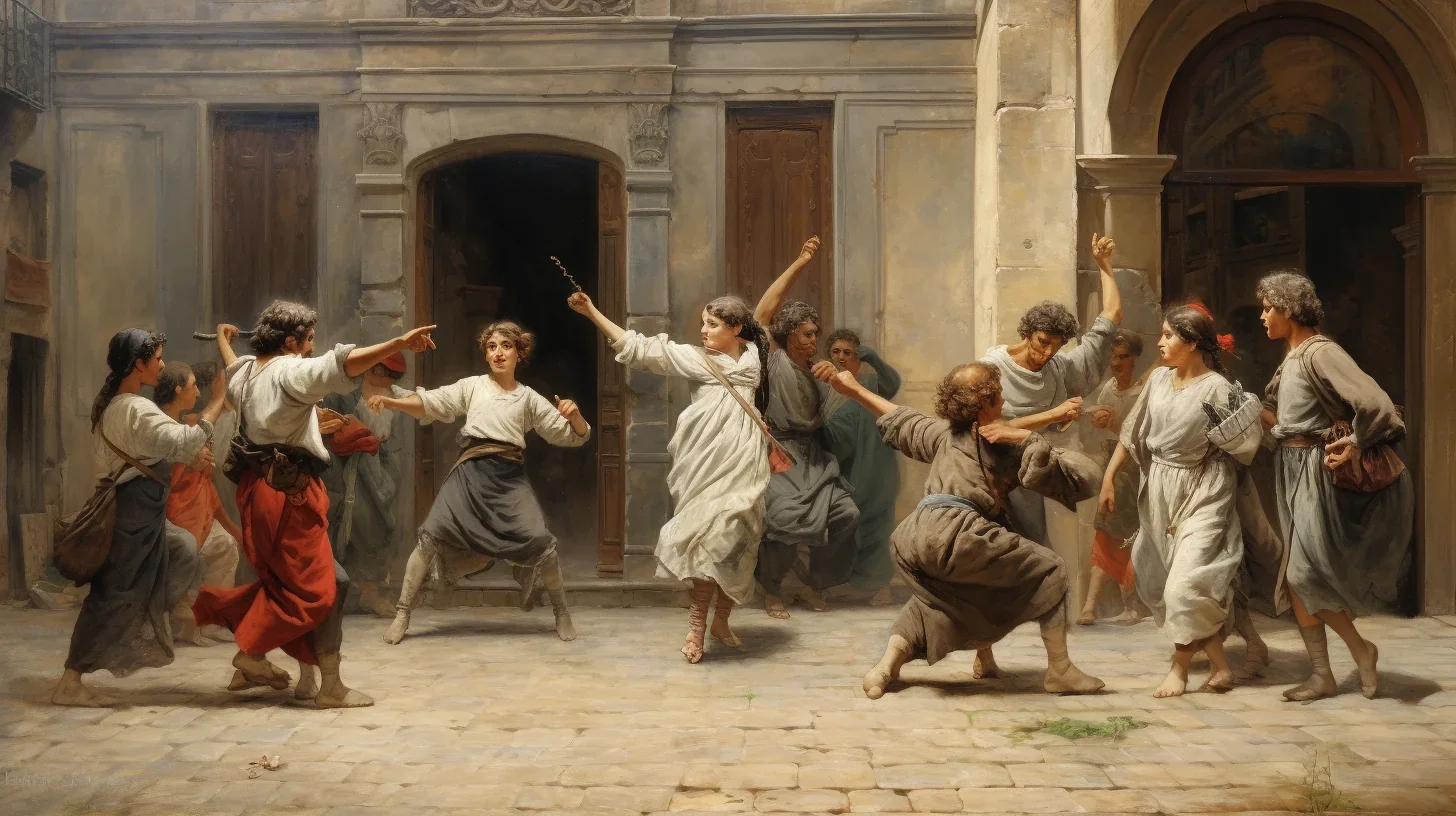 Dans cette image saisissante, la grâce et l'élégance des danseurs costumés se mêlent harmonieusement aux décors minutieusement con