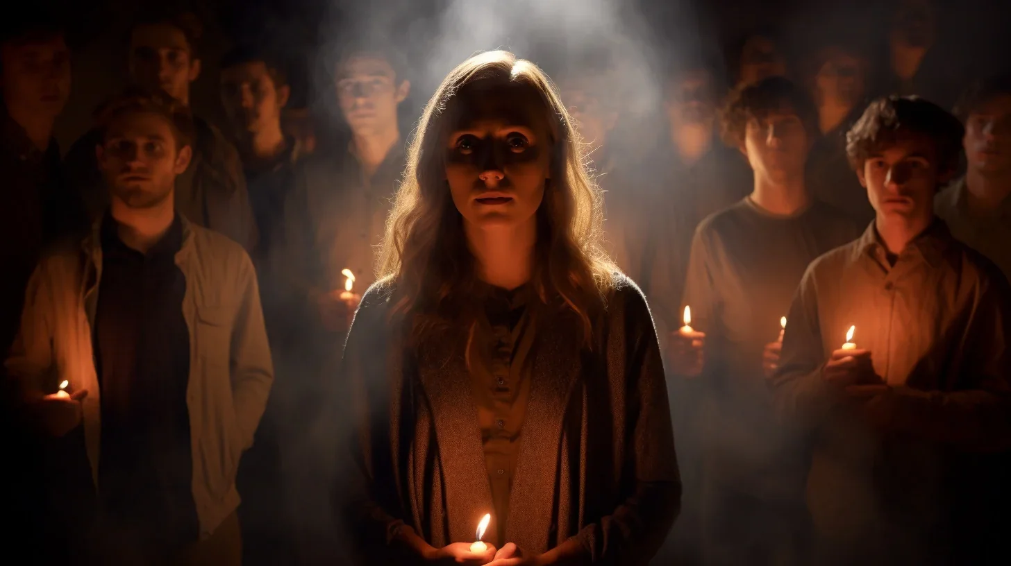 La scène s'illumine d'une atmosphère enchanteresse alors que deux comédiennes prennent vie, baignées par la douce lueur des bougie