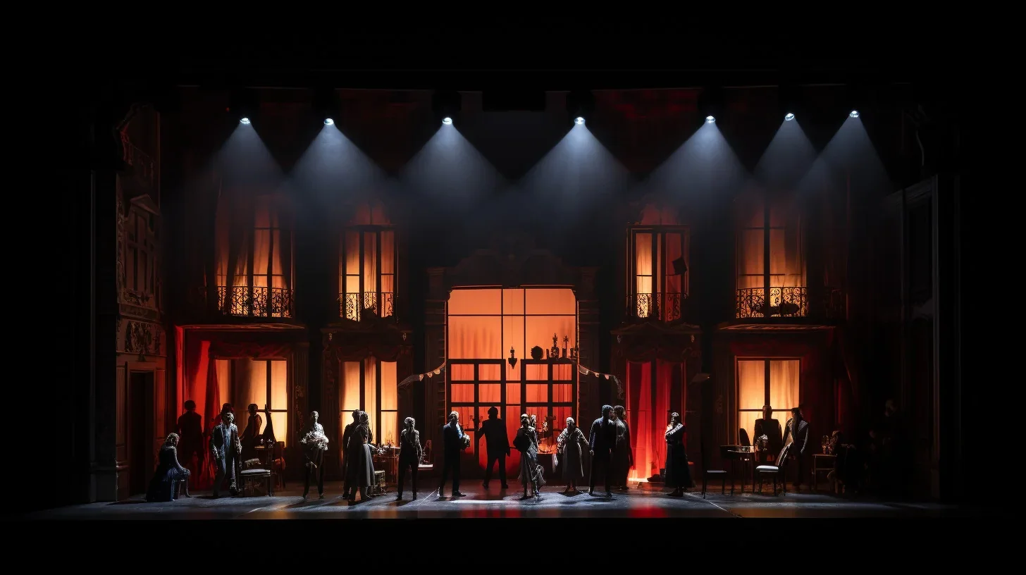 Cette image saisissante capture une scène théâtrale remplie d'une multitude d'émotions et de dynamisme. Les acteurs, plongés dans