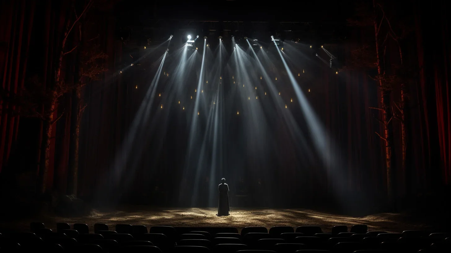 Dans cette image saisissante, le temps semble suspendu alors qu'un acteur se livre à un monologue profondément émouvant. Le regard