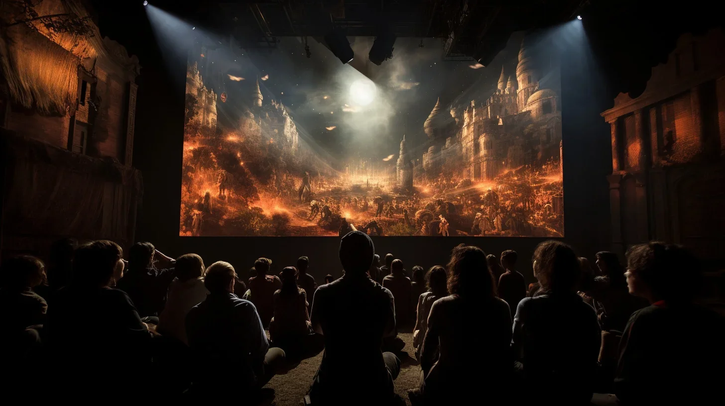 L'image capturée révèle une scène théâtrale où les décors prennent vie sous un jeu de lumière envoûtant. Les détails minutieux des