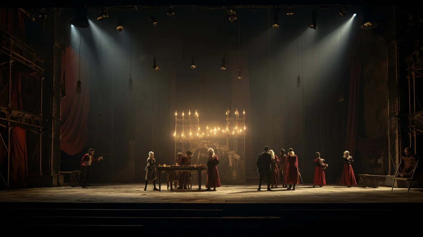 Cette image saisit un instant fugace de l'effervescence d'une représentation théâtrale en cours. Les acteurs évoluent avec passion