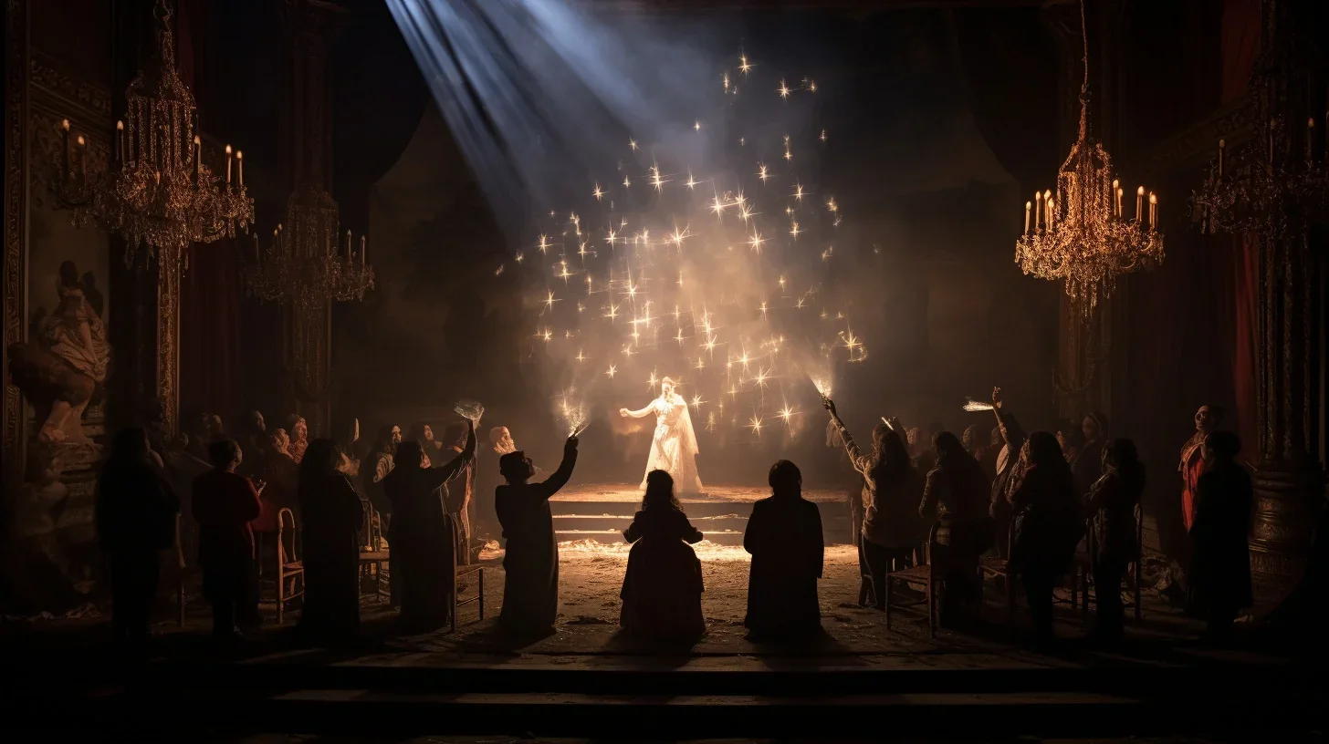 Figée dans le temps, cette scène de spectacle est un tableau vivant de passion et d'énergie. Les acteurs s'entremêlent avec grâce,