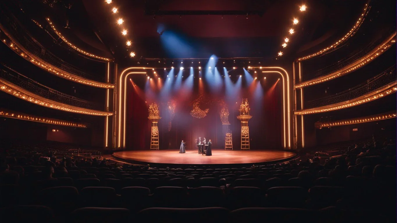 L'image saisit l'instant où le spectacle de Dumas atteint son apogée, éclairé par la magie des projecteurs. Les acteurs, emportés