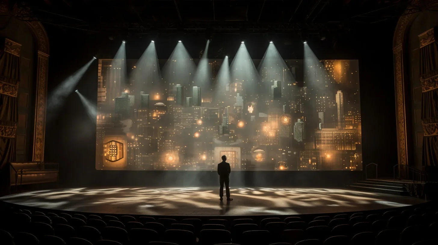 L'acteur, seul sur scène, incarne une puissante émotion à travers son expression et sa posture. Chaque regard, chaque geste est ch