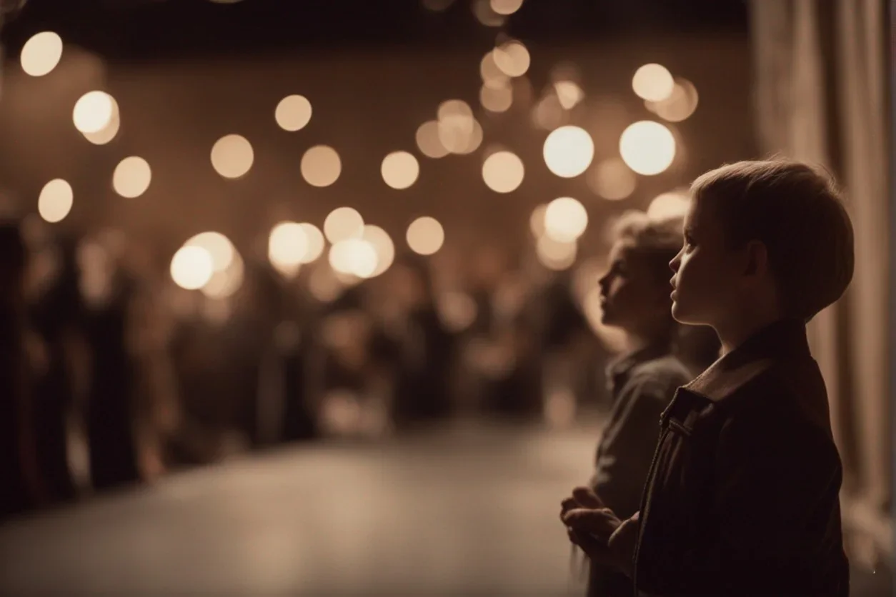 Dans cette image captivante, nous découvrons un groupe d'enfants, le cœur battant d'excitation, prêts à entrer sur scène et à éblo