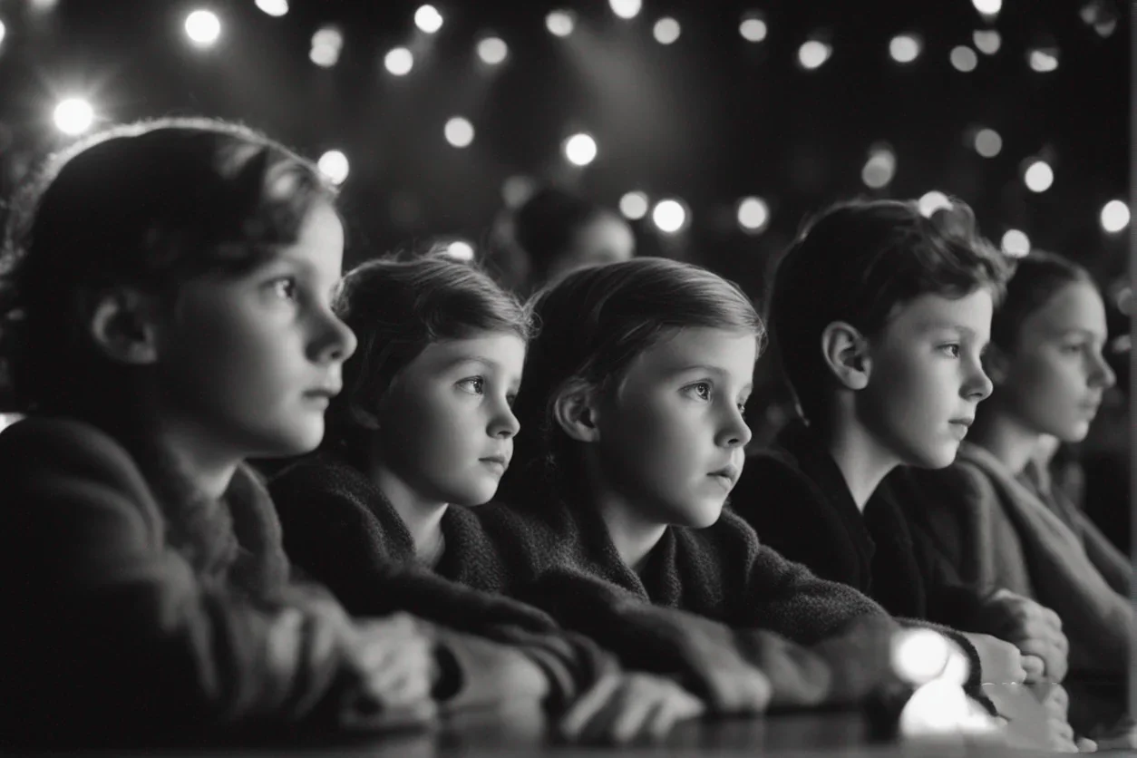 Dans cette image captivante, nous sommes témoins d'une scène magique où un groupe d'enfants est totalement absorbé par le spectacl