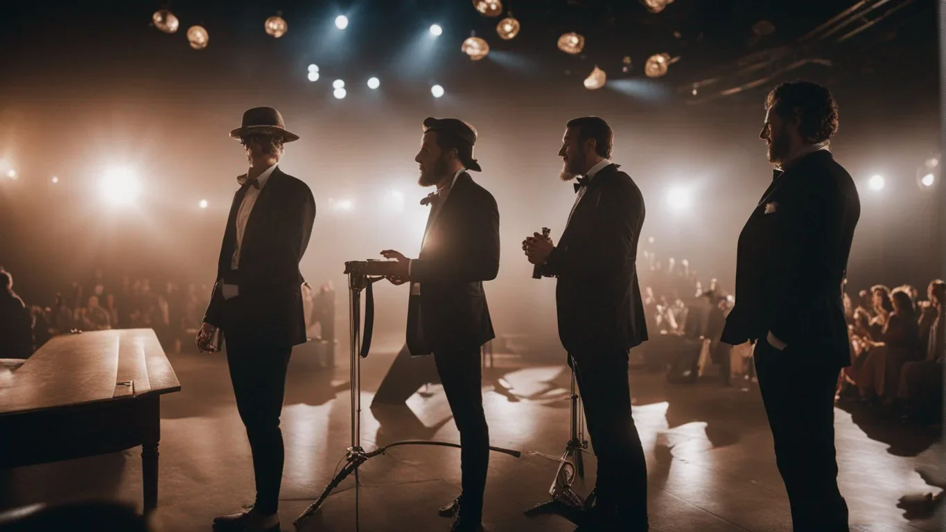 Dans cette scène captivante, les personnages d'une pièce de théâtre s'engagent dans des dialogues animés et complexes.