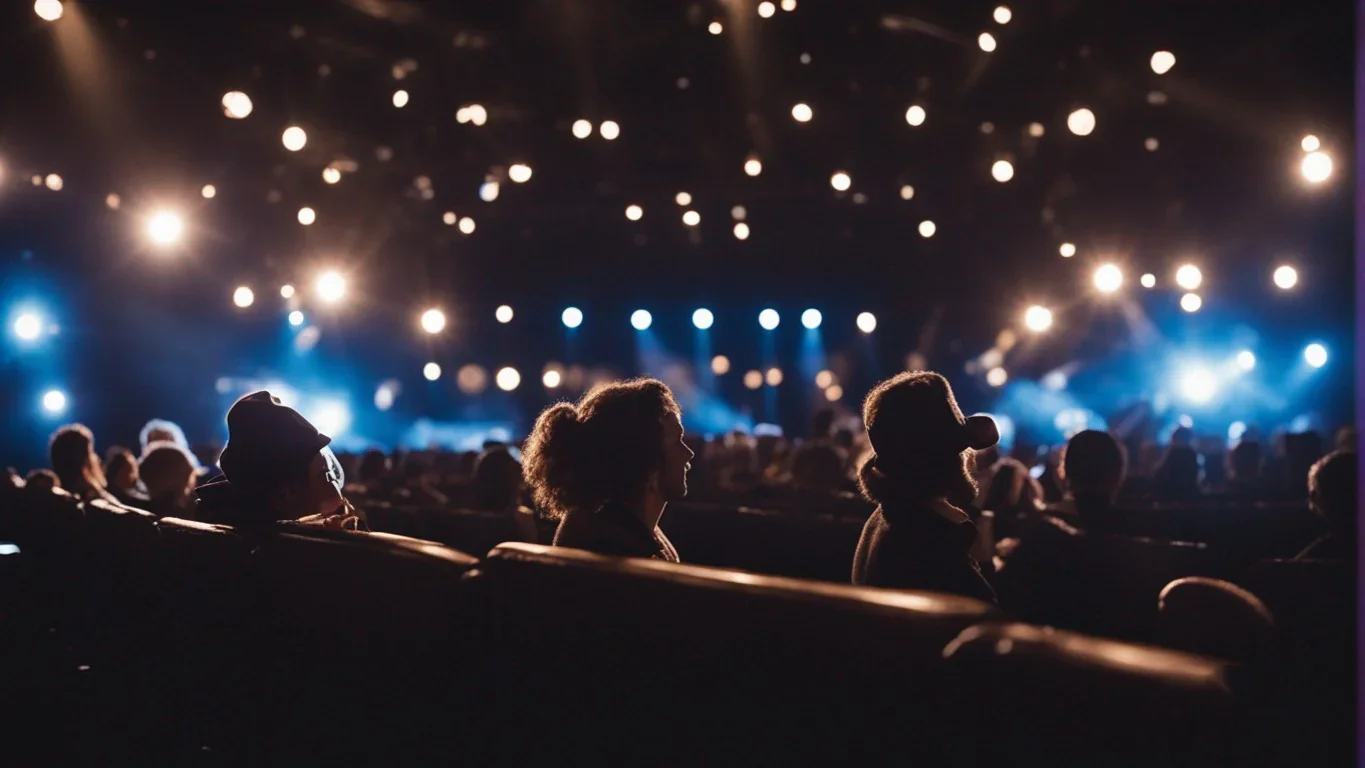 L'image saisit l'instant où les spectateurs sont captivés par un dialogue animé entre plusieurs personnages sur scène. Les visages