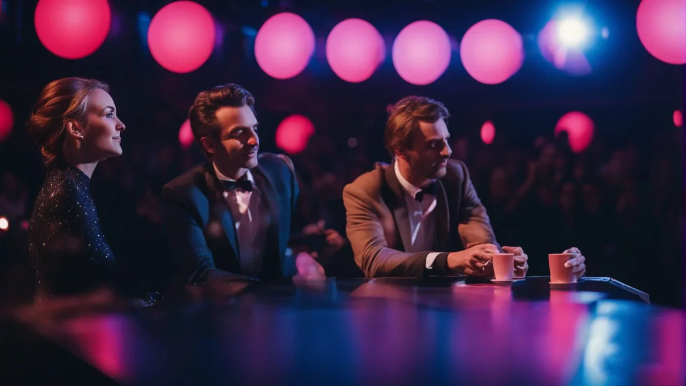 Cette image saisit le dynamisme d'un dialogue entre trois personnages sur scène. Les expressions expressives et les gestes captiva