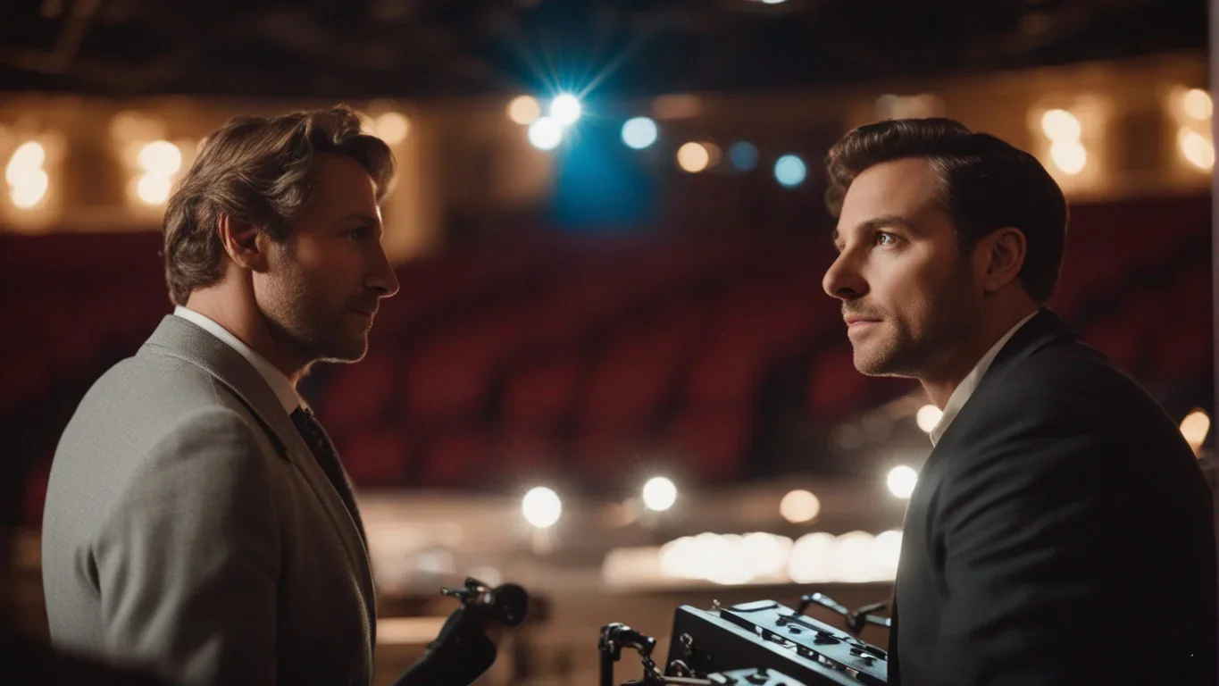 Cette image nous plonge dans les coulisses d'une scène théâtrale, où les acteurs se préparent pour un dialogue crucial.