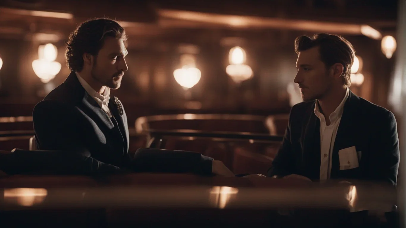 Cette image saisit un moment de triomphe sur scène, où les personnages se livrent à un dialogue qui capte l'attention du public.