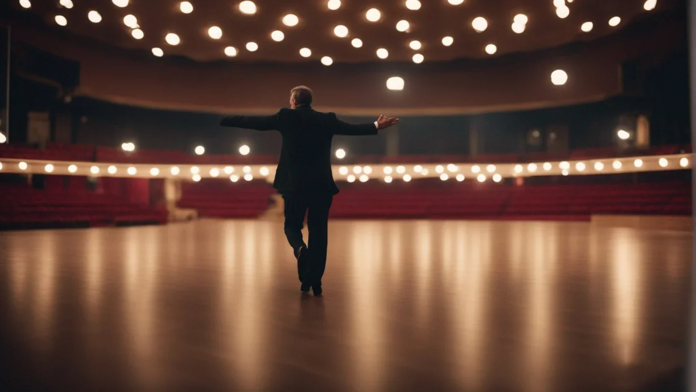 Dans cette image saisissante, un acteur se perd dans un monologue intense. Les traits de son visage reflètent la profondeur de ses