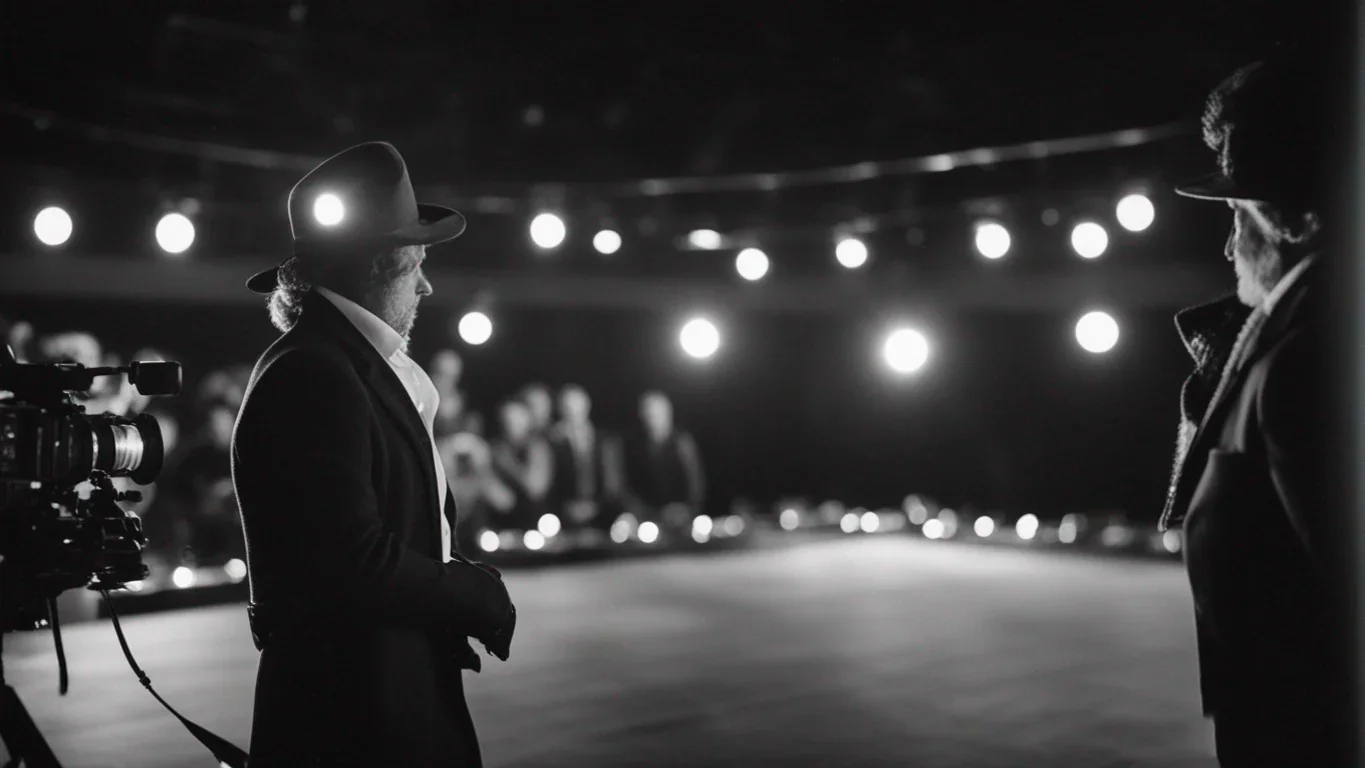 Plongez dans les coulisses d'une scène captivante alors qu'une caméra filme le spectacle en direct. Les acteurs se donnent à fond,