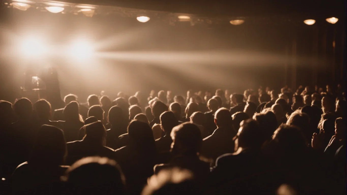 Les projecteurs diffusent une lumière chaleureuse qui se mêle à l'excitation palpable dans l'air. La salle de théâtre est remplie