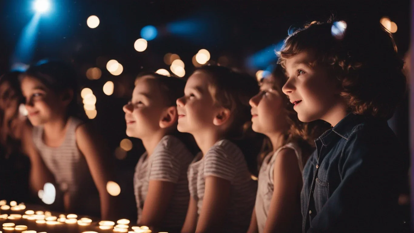 Cette image saisit un instant tendre où un enfant se tient devant la scène, les yeux fixés avec fascination sur le spectacle en co