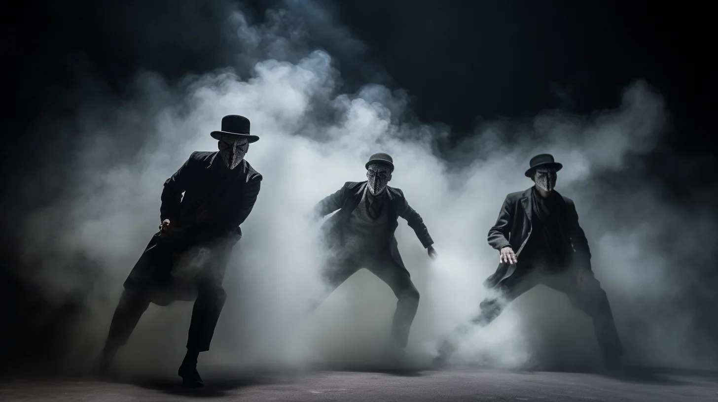 Regardez cette image captivante de notre spectacle de danse masquée en fumée. Les masques mystérieux et la fumée éthérée créent un