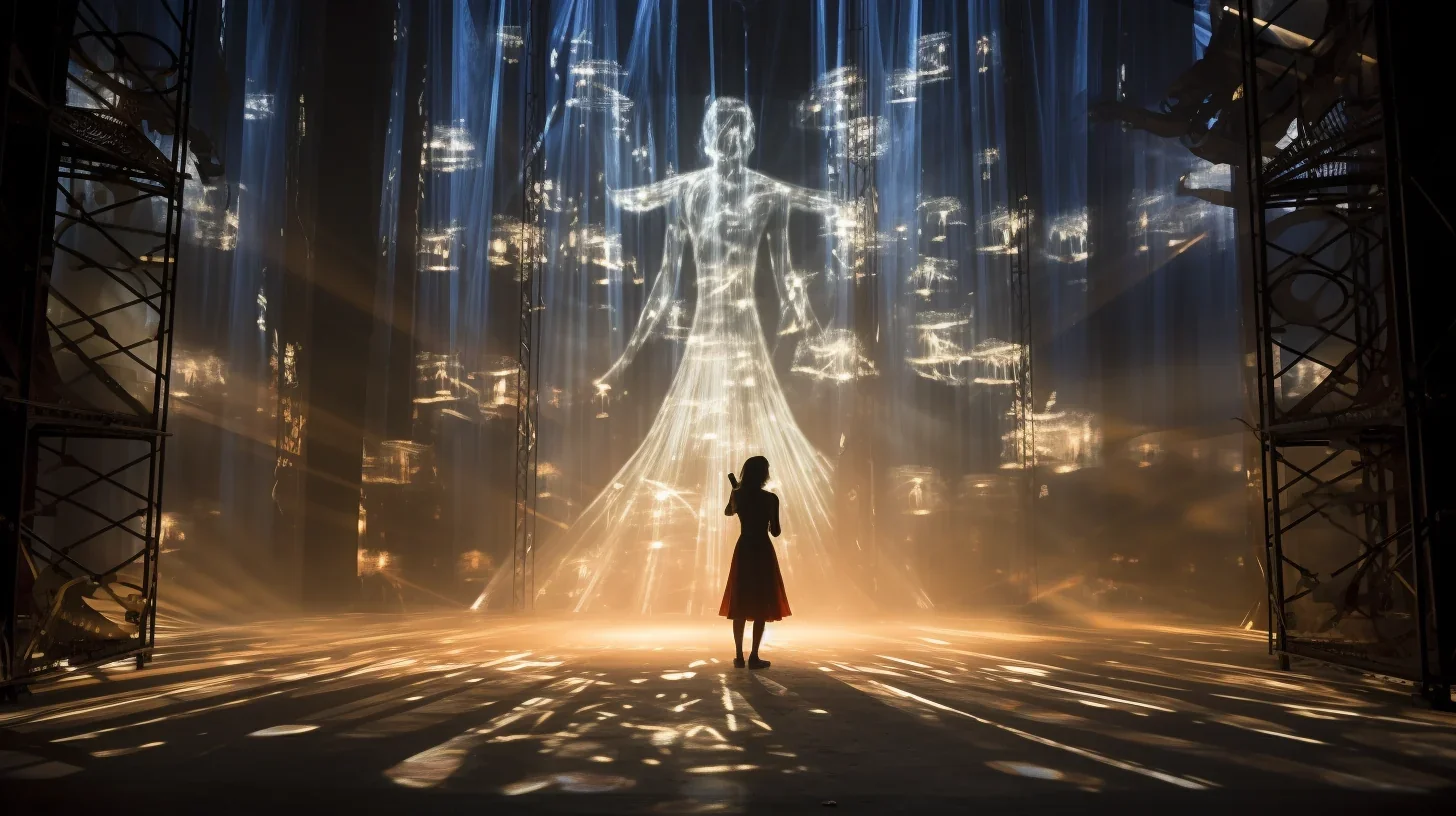 Dans cette photo, une jeune fille se tient seule sur scène, captivante et vulnérable. Son monologue révèle ses émotions à nu, touc